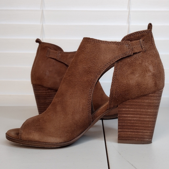 Lucky Brand Oona Brown Suede Leather Open Toe Stacked Heel Ankle Booties Sz 8M - Picture 6 of 16